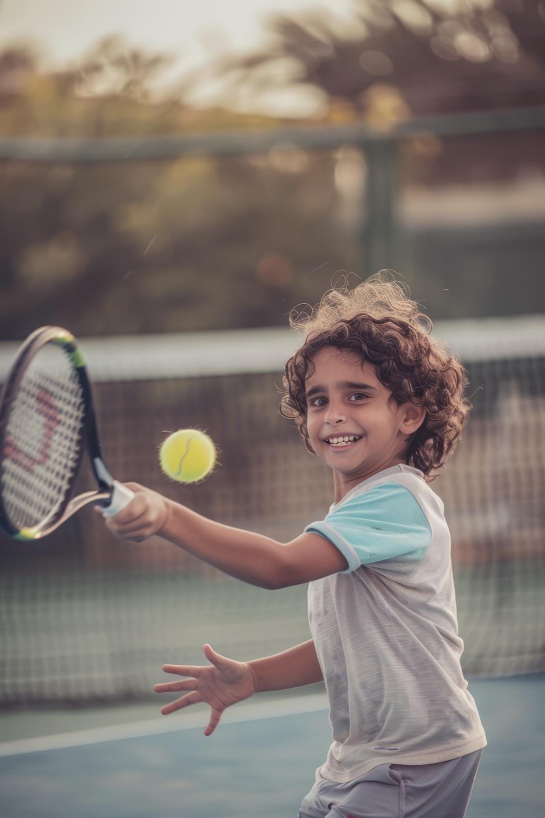 A child reaching for a tennis ball with a racket