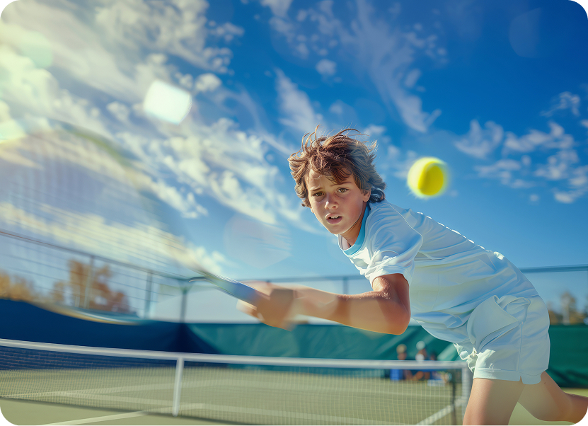 A young player leaning into a forehand as the ball comes off the racket
